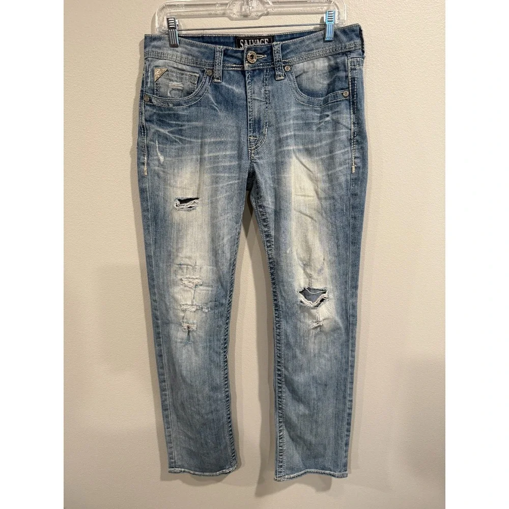 Salvage Mayhem Straight Jeans Men's 31L Blue Denim Stretch Distressed 5‎ Pocket